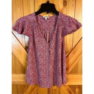 Lucky Brand Red Floral Flowy Top Short Sleeve Buttons Size Small (2238)